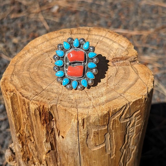 Handcrafted Turquoise Coral Native American Ring Southwestern Sterling Sz 7.5 ** - Picture 6 of 10